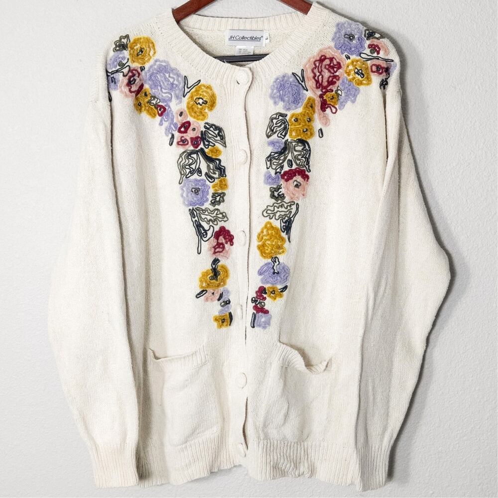 JH Collectibles Embroidered Cardigan L Cream Floral Cottagecore Romantic